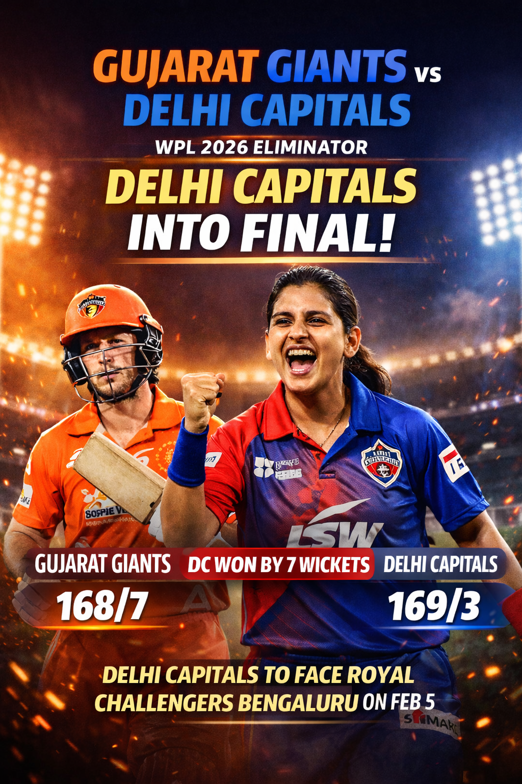 Gujarat Giants Vs Delhi Capitals Live Score: Stunning Victory Powers Delhi Capitals Into WPL 2026 Final