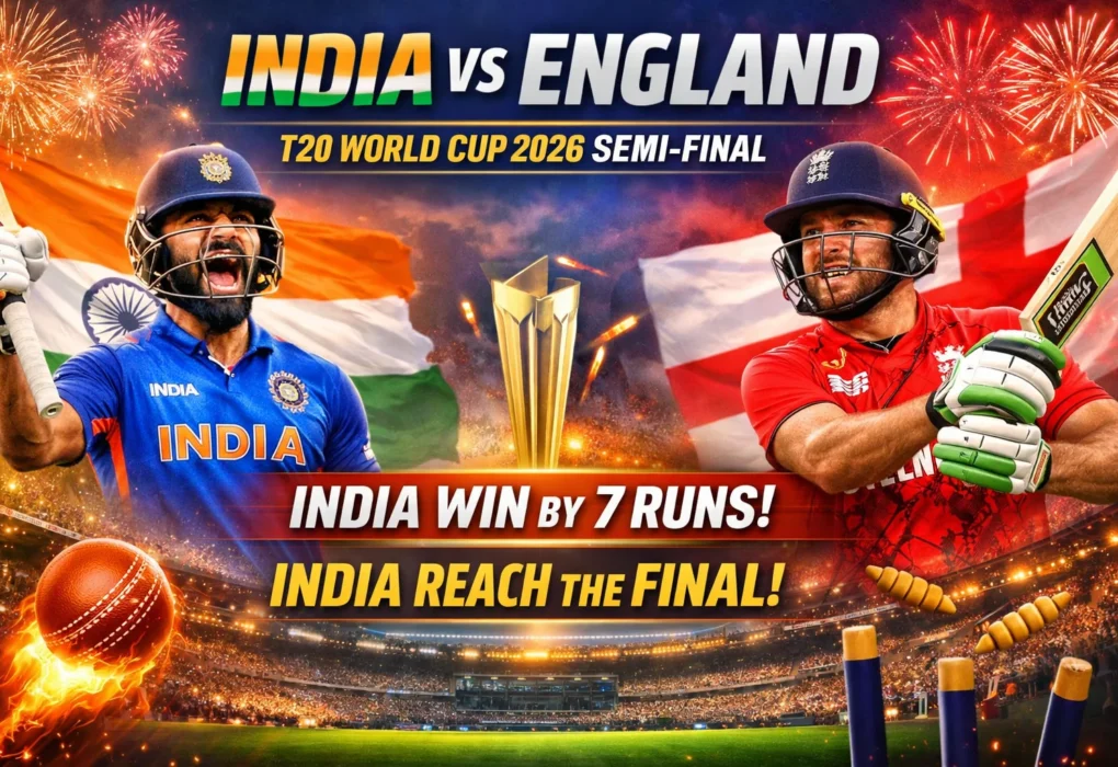 India vs England Live: India defeats England by 7 runs in a thrilling T20 World Cup 2026 semi-final in Mumbai and qualifies for the grand final after a dramatic match.