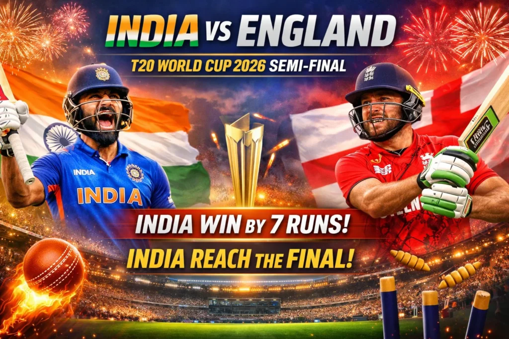 India vs England Live: India defeats England by 7 runs in a thrilling T20 World Cup 2026 semi-final in Mumbai and qualifies for the grand final after a dramatic match.