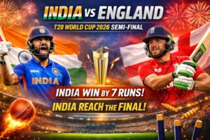 India vs England Live: India defeats England by 7 runs in a thrilling T20 World Cup 2026 semi-final in Mumbai and qualifies for the grand final after a dramatic match.